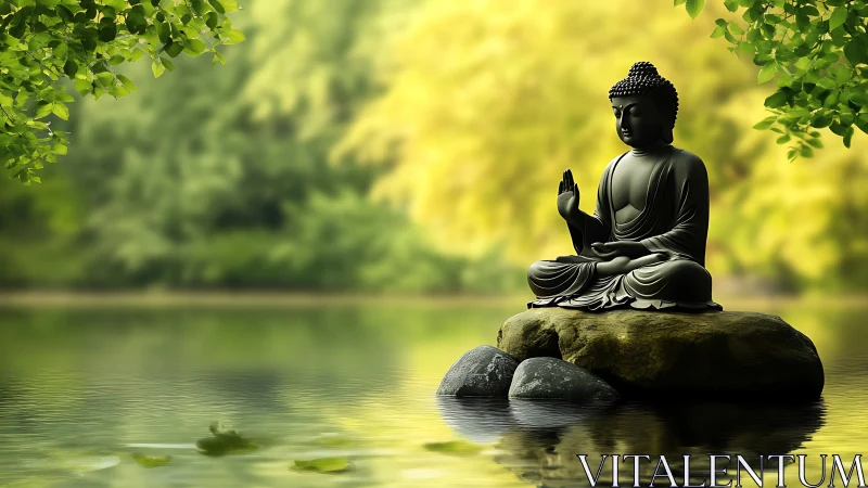 Lakeborn Buddha statue in sunlit forest hush and stillness.