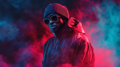 Bicolor rim-lit portrait isolates hooded subject in dense neon fog