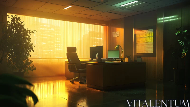 Golden hour pours across a lonely executive night office