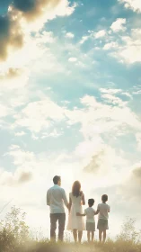 Family of four standing together under bright open sky.