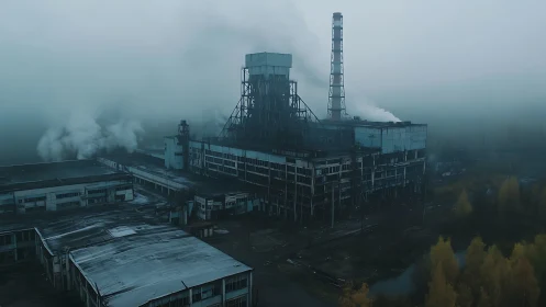 Fog-shrouded derelict industrial complex with cooling towers.