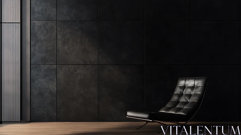 Minimalist leather lounge chair in dark modern interior scene.