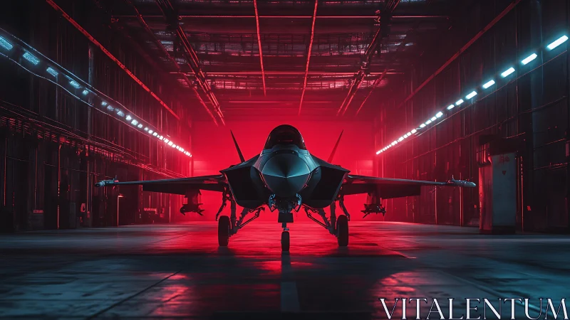 Stealth fighter jet in red-lit industrial hangar bay.