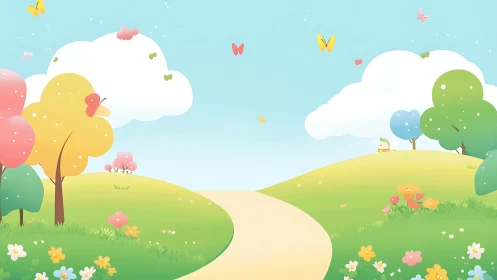 Sunny pastel meadow path with cheerful butterflies and trees.