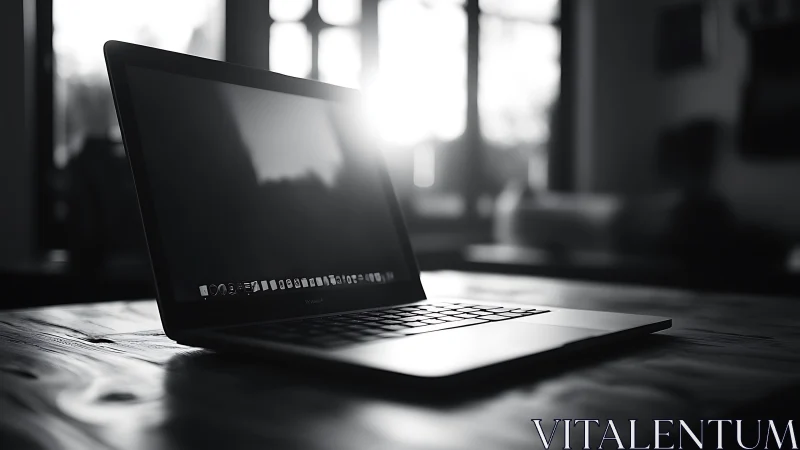 Sunlit laptop waits quietly in a moody monochrome studio.