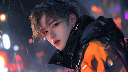 Rain-soaked youth in neon city, cinematic close portrait.