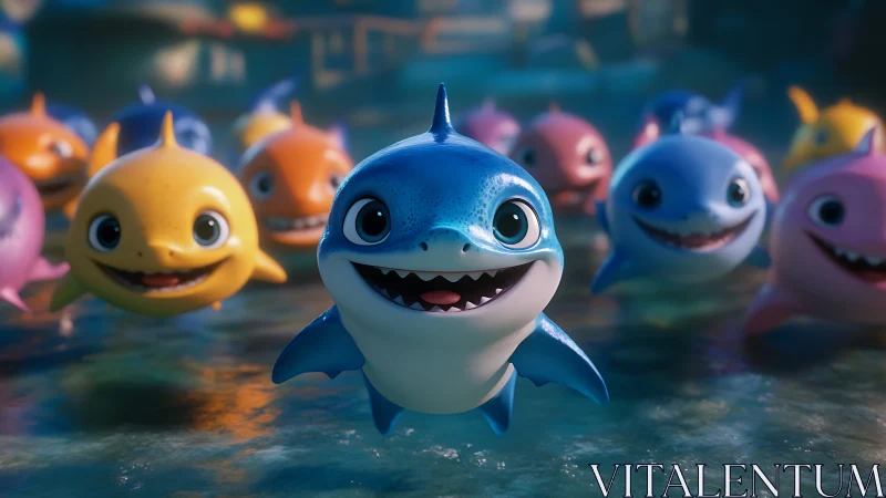 Colorful stylized baby sharks in shallow water, frontal view