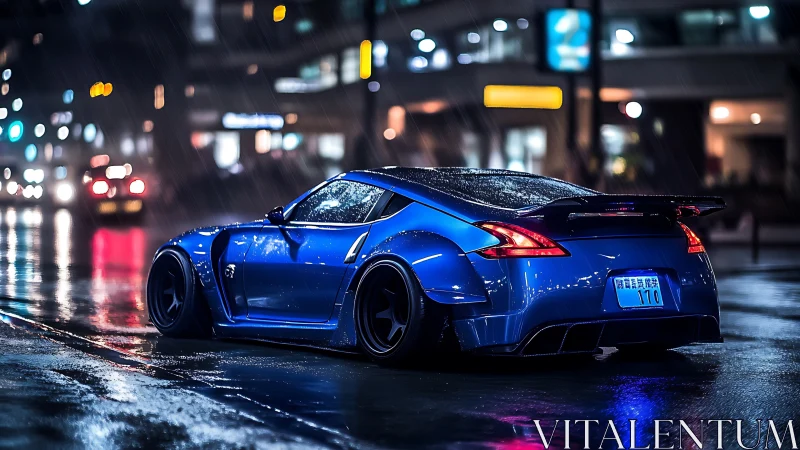 Modified blue sports coupe is parked on wet city street at night
