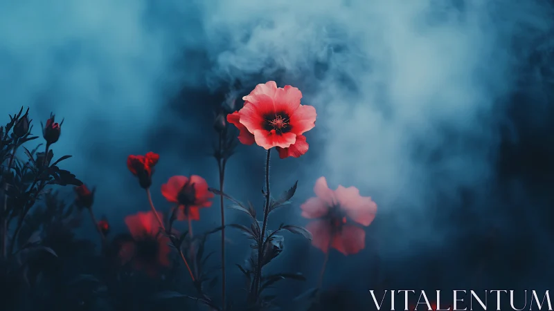 Red flowers against blurred blue atmospheric background.