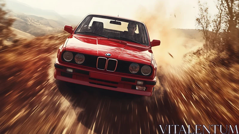 Red BMW sedan driving on dusty rural road in motion blur.