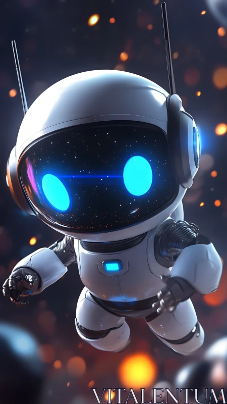 Compact floating robot with illuminated visor in space.