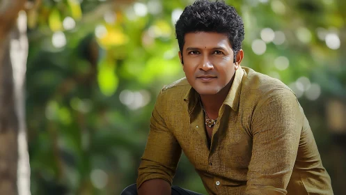 Man in mustard shirt poses against soft green bokeh backdrop.