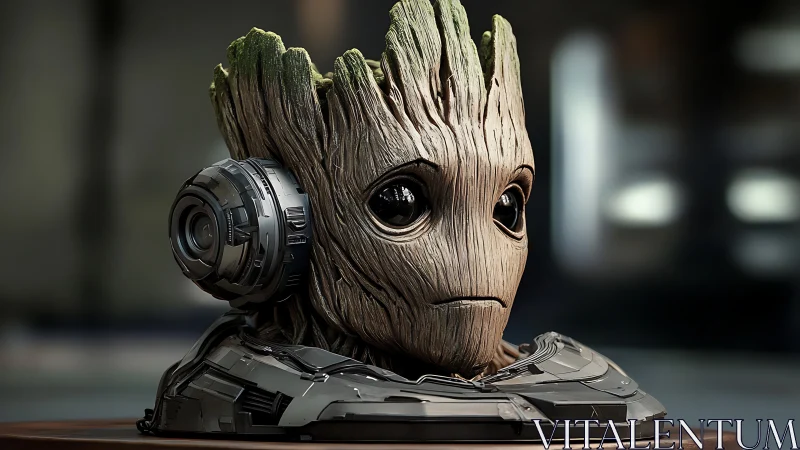 Cyborg tree creature bust with sci fi headset portrait.