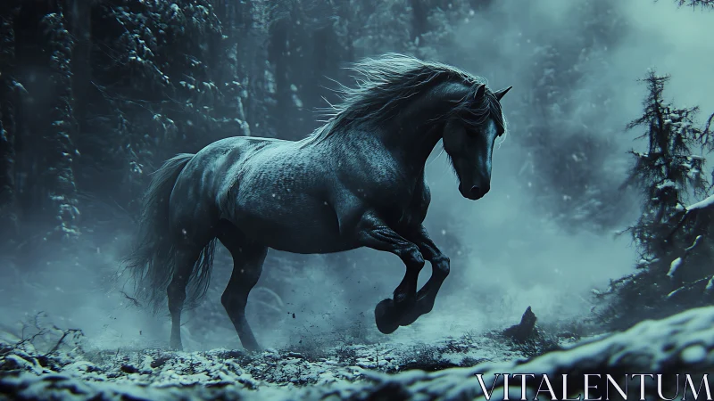 Midnight stallion carves stormlit strides through frozen pines