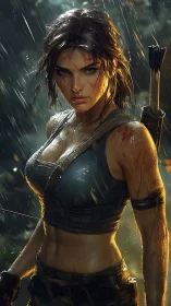 Battle-worn archer heroine under cinematic jungle rain.