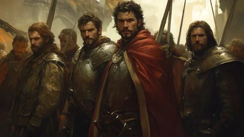 Defiant medieval commander leads armored warriors to war