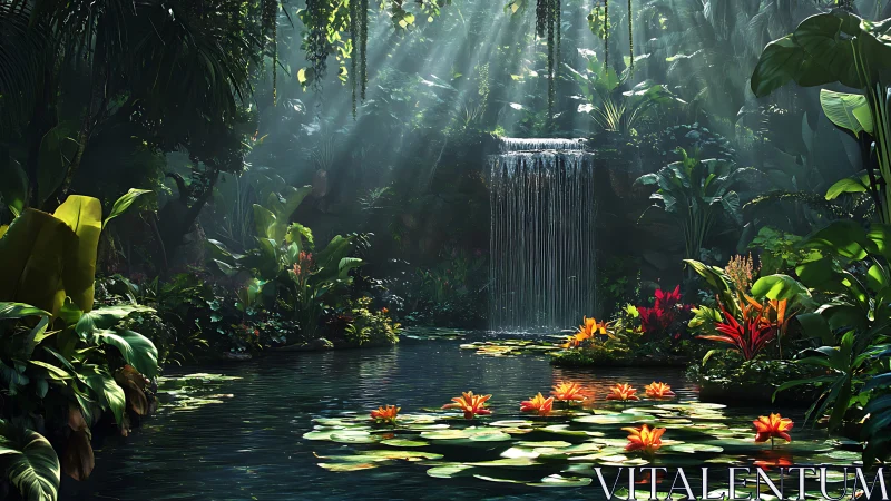 Tropical rainforest pool with waterfall, lilies and rim lighting