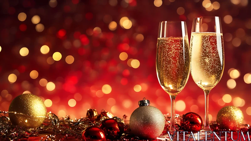 Sparkling champagne flutes with festive red bokeh lights.