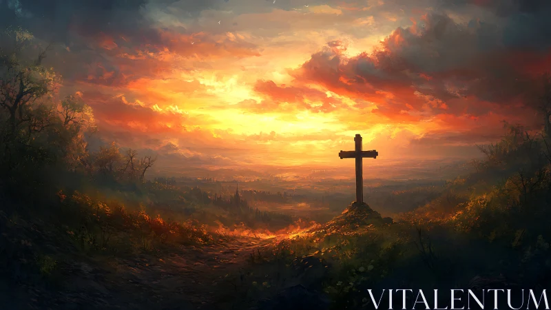 Sunset cross above valley under luminous storm sky.