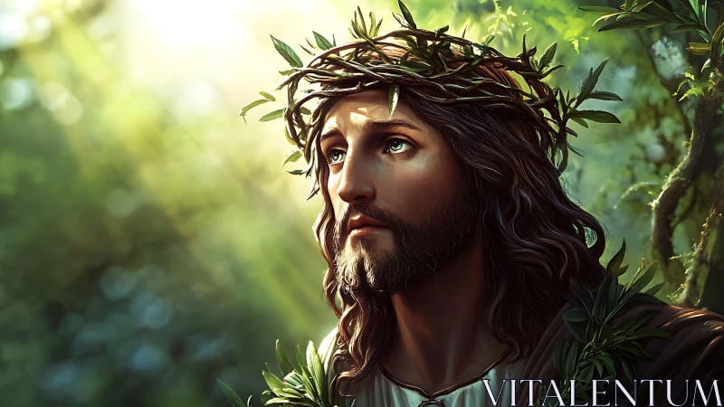 Male figure with thorn crown in sunlit forest setting.