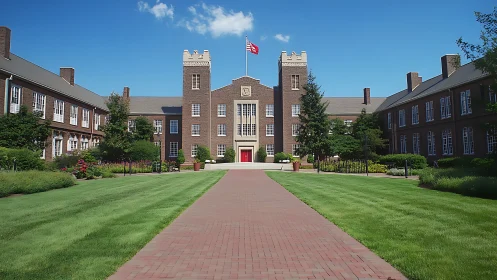Brick towers bask under crisp sky while gardens quietly glow