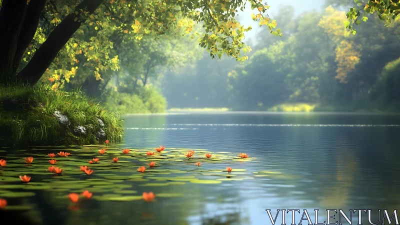 Sunlit riverbank with water lilies rendered in soft depth-of-field