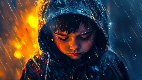 Rainlit child in hooded coat under blazing bokeh storm.