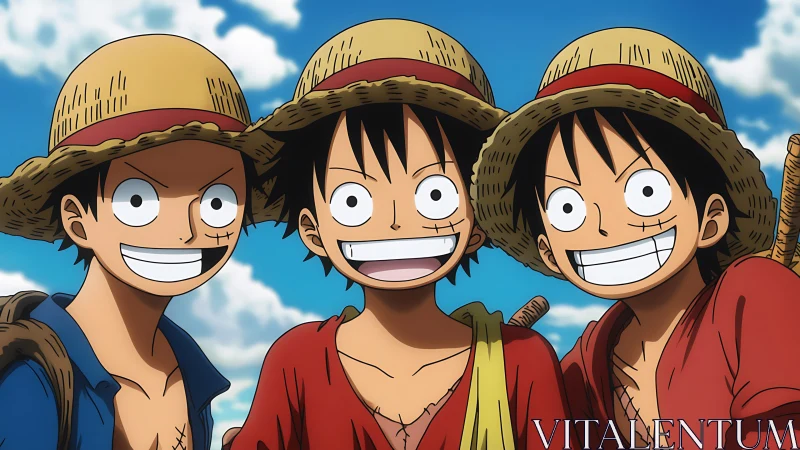 Three smiling straw hat characters stand closely together