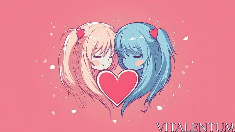 Symmetrical kawaii anime portrait with heart-shaped framing.