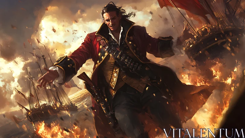 Bold pirate captain strides through blazing sea battle.
