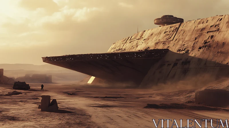 Desert wrecked starship with lone explorer at dusk.