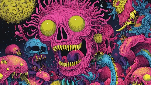 Neon alien skull landscape with grotesque organic forms.