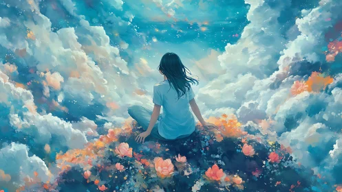 Dreamlike digital painting of girl amid clouds and florals.