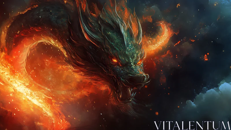 Fiery cosmic dragon curves through swirling storm clouds