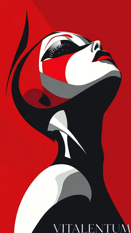 Stylized female portrait uses bold red, black, and white shapes