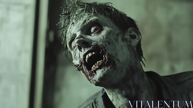 Rotting horror portrait with gaping scream in cold light.