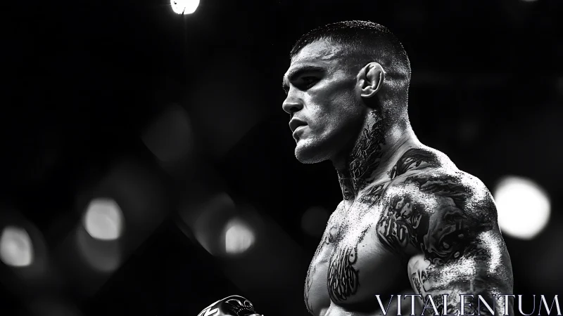 High-contrast ringside portrait of tattooed MMA fighter mid-bout.