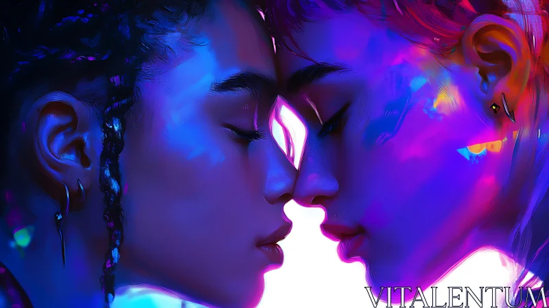 Neon-lit intimate portrait of two faces in close profile.