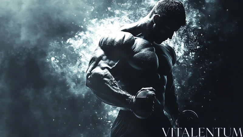 High contrast muscular athlete silhouette with dumbbells in smoke