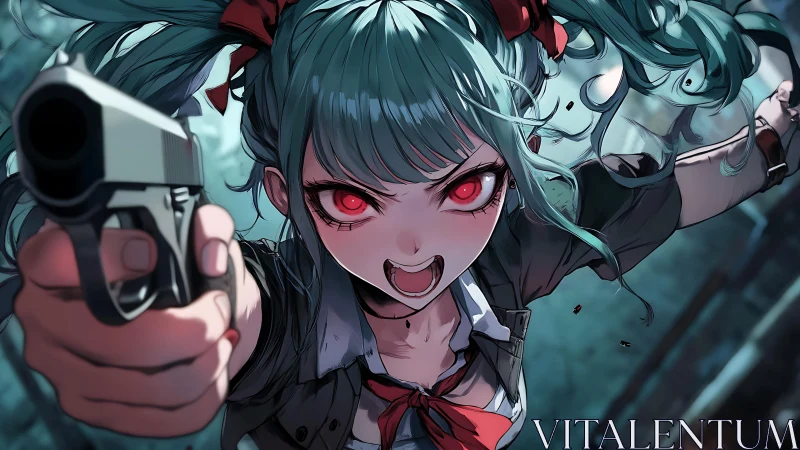 Intense anime girl with gun in dynamic close-up shot.