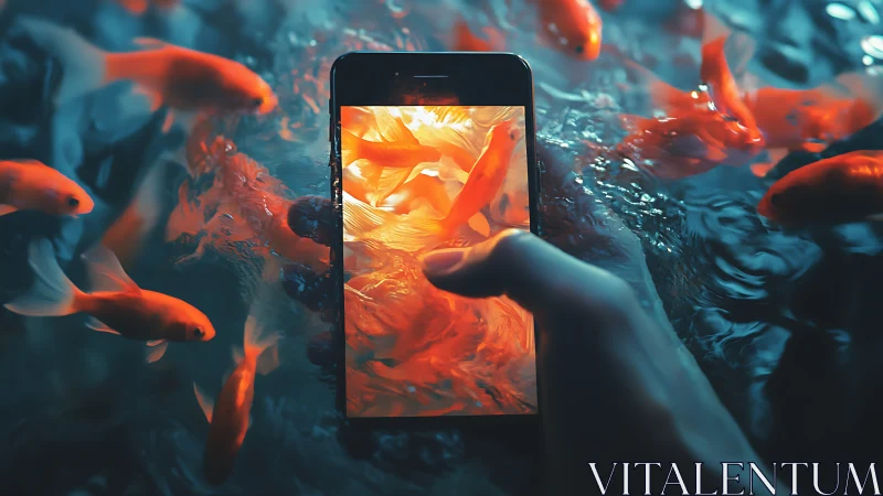 Screens glow while koi spill between pixels and water