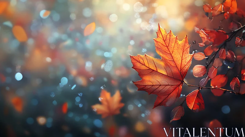 Red maple leaves in soft autumn bokeh light background.