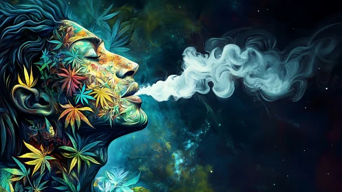 Psychedelic botanical portrait exhaling turbulent vapor plume.