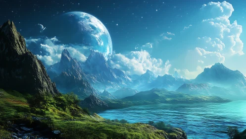 Alien coastline under luminous planet and crystal peaks.