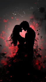 Silhouetted Couple Kissing in Fiery Red Ethereal Light