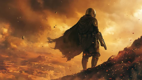 Lone armored wanderer surveys a burning stormlit frontier