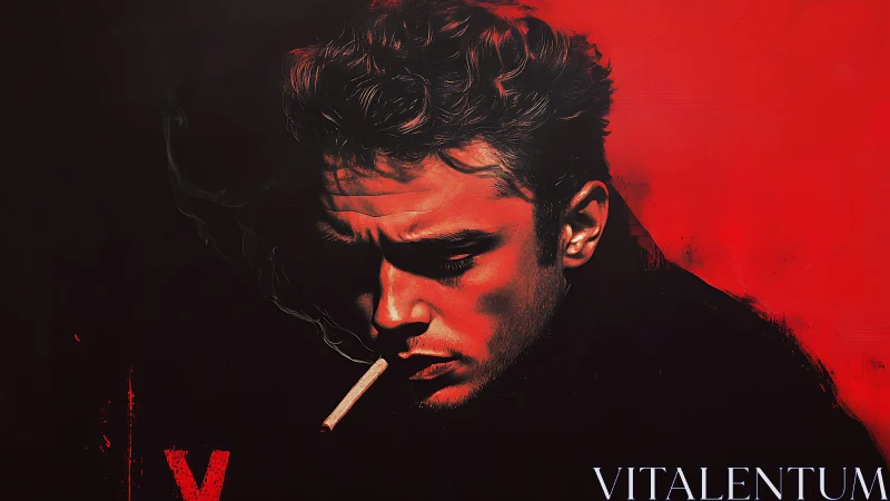 Brooding smoker carved in crimson shadow and quiet smoke.