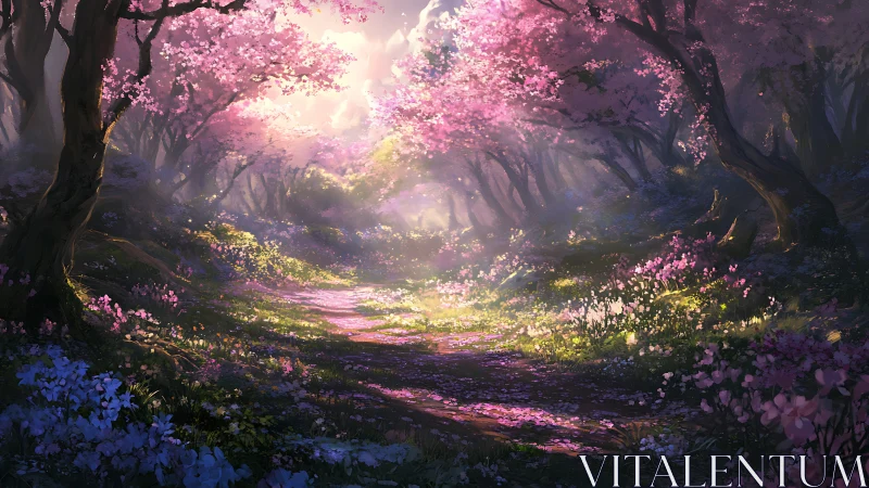 Enchanted Forest Path Glows with Cherry Blossoms
