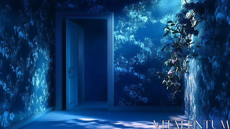 Dim blue interior hallway with floral light and doorway.