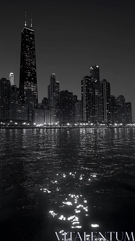 Night skyline overlooks rippled waterfront under dark sky